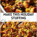 Cornbread sausage stuffing baked golden brown with herbs and crispy edges.